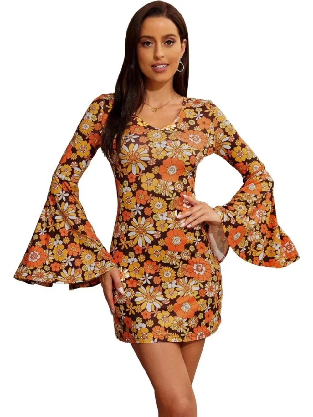 Floral Print Bell Sleeve V Neck Mini Bodycon Dress for Women - Trendy & Chic